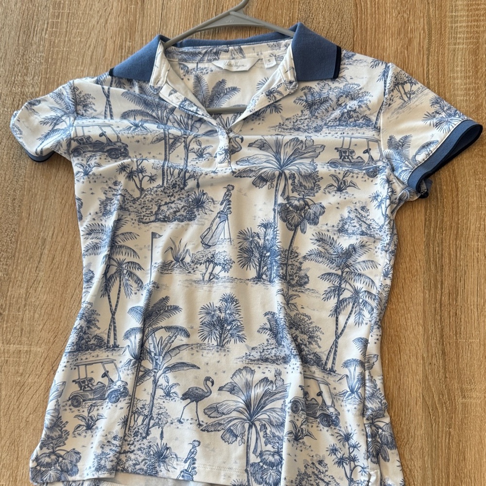 Blue and White Tropical Print Polo Shirt